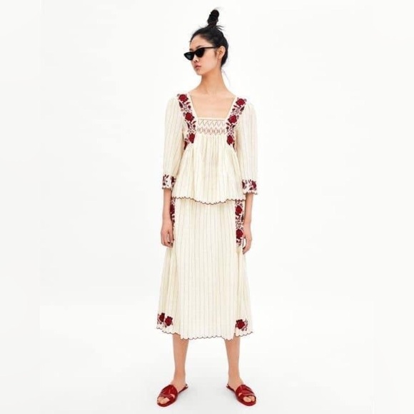 SOLD!! NWT ZARA Women’s Cream Red Pinstripe Boho Embroidered Midi Skirt S Small - Picture 4 of 4